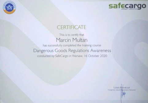 certyfikat dangerous goods regulations awareness